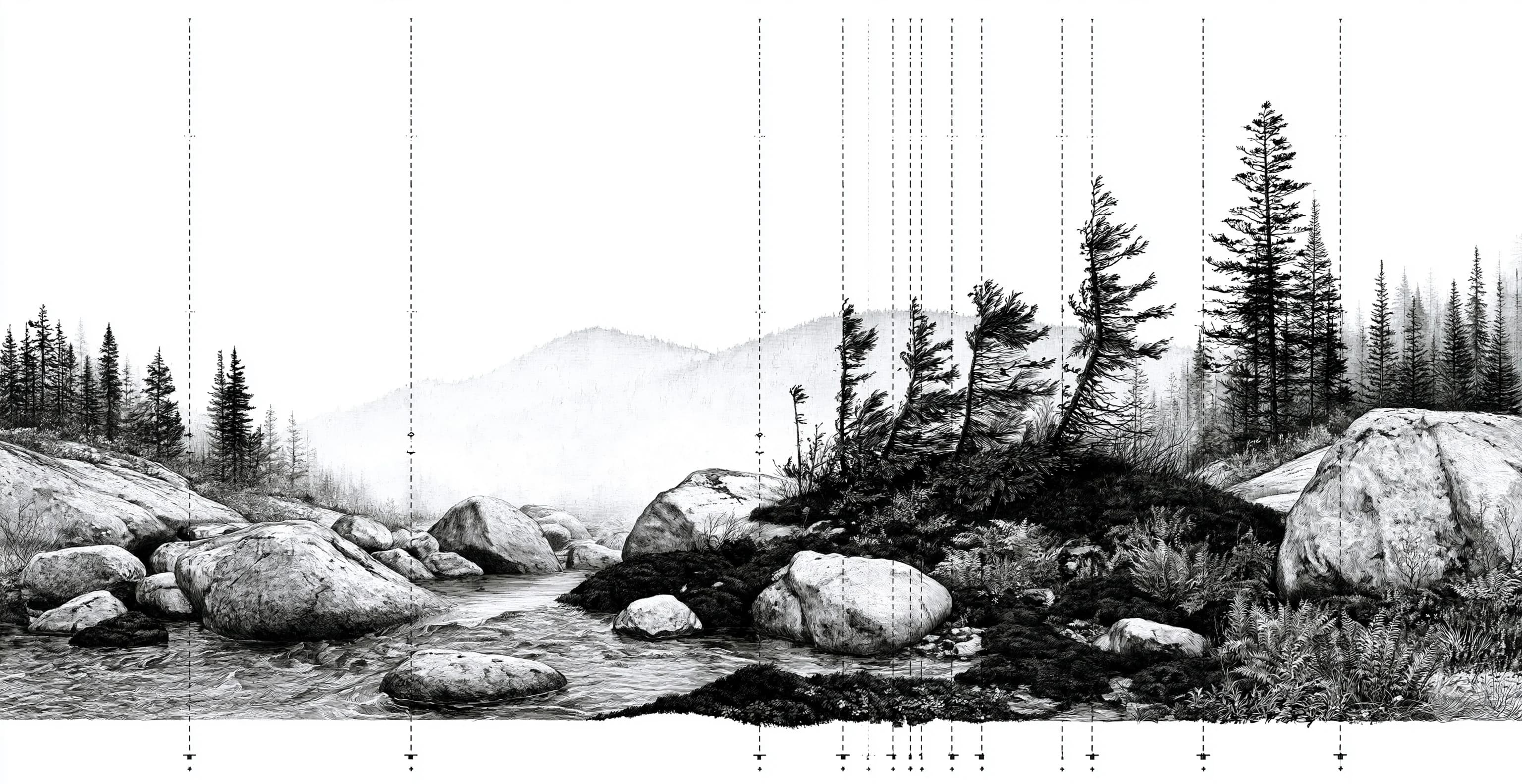 Black-and-white pen-and-ink Terrain Plate of a mountain stream moving through a boulder field
