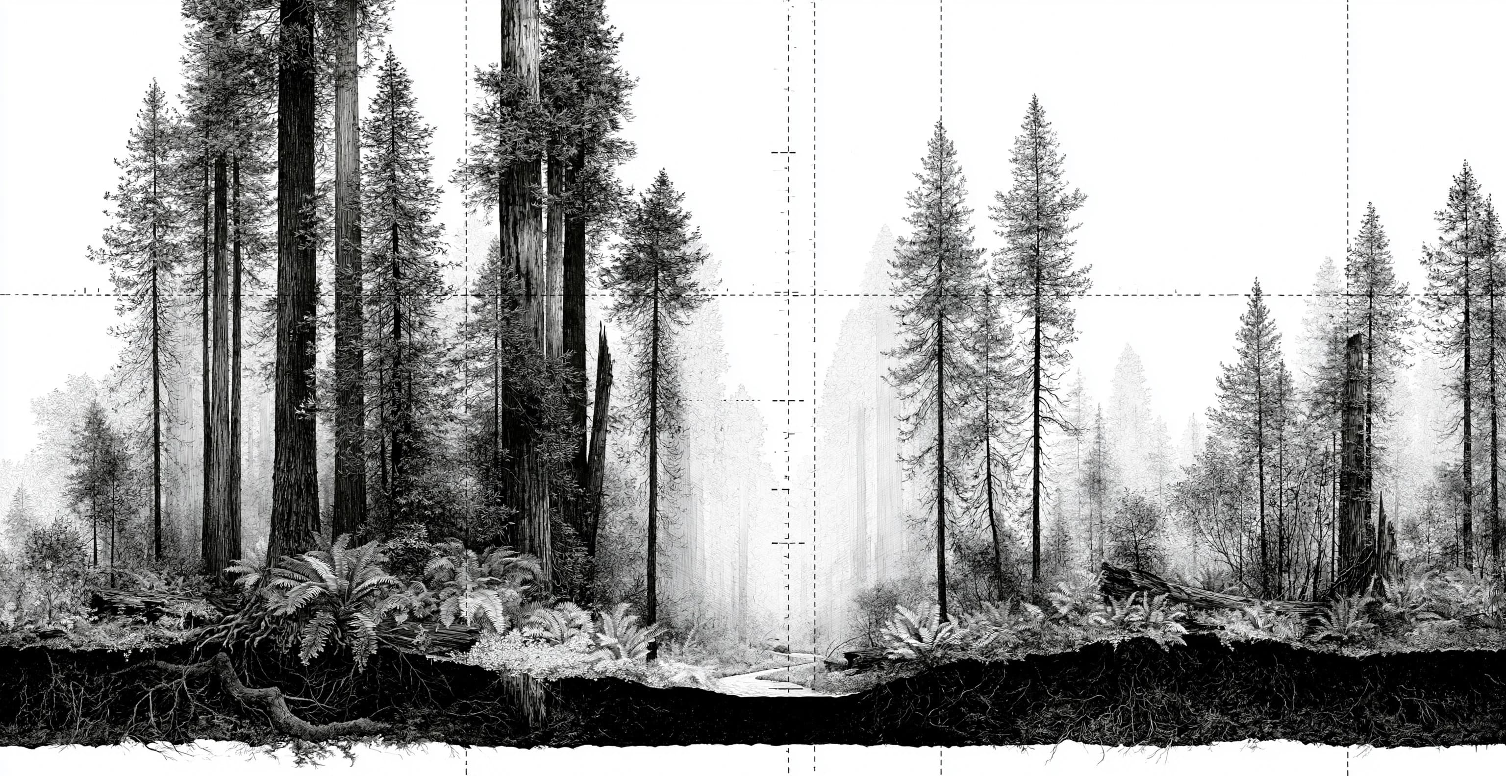 Black-and-white pen-and-ink Terrain Plate of an ancient redwood forest
